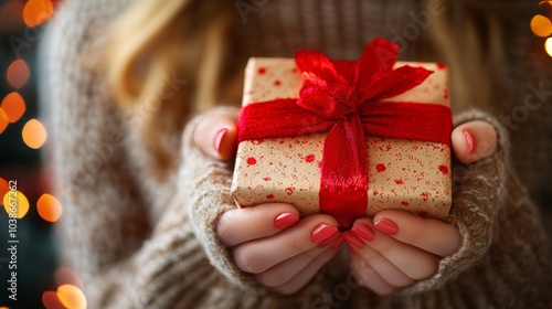 Girl Holding Christmas Gift Box with Red Ribbon in Festive Background