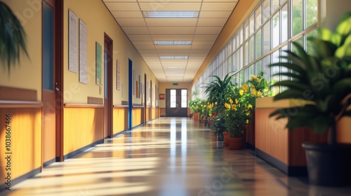 Decorated School Corridor with Green Plants Large Windows in Bright Light