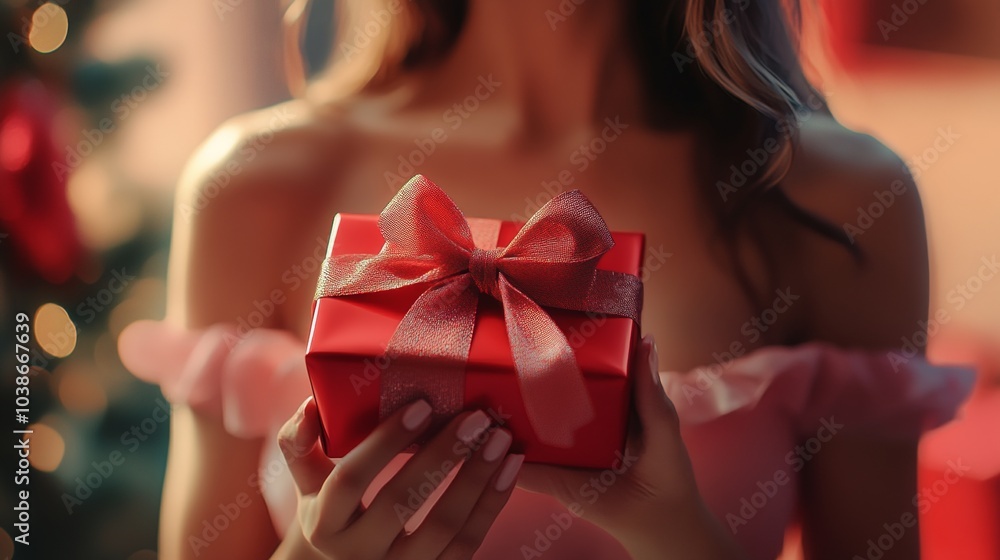 Close-Up of a Stylish Woman Holding a Gift Box with Ribbon in Festive Lighting Close-Up of a Stylish Woman Holding a Gift Box with Ribbon in Festive Lighting