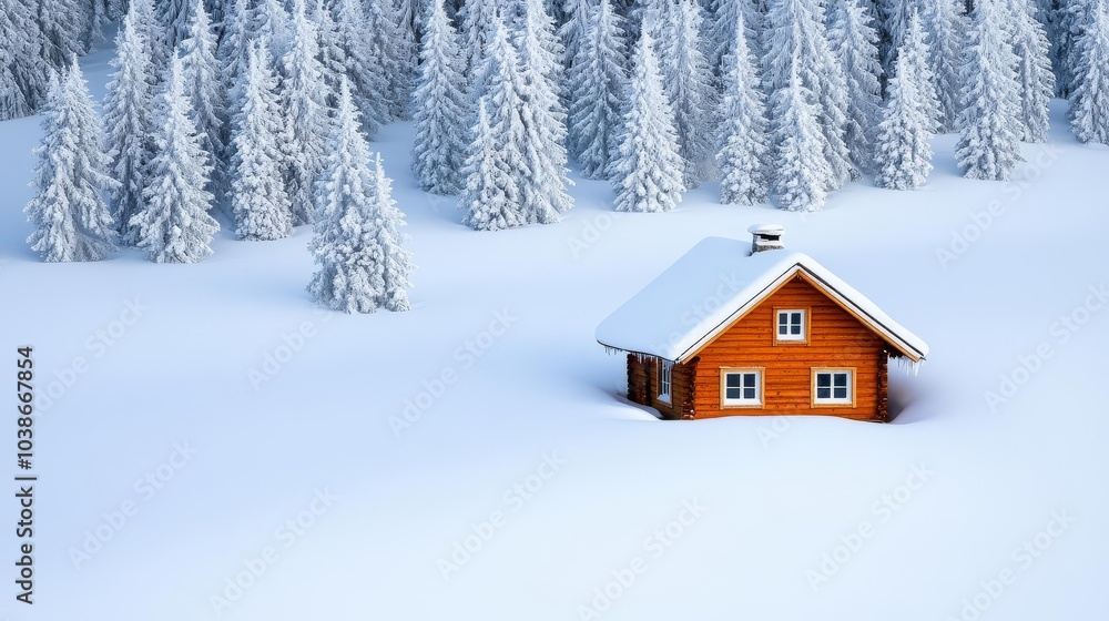 Naklejka premium Snow-covered cabin nestled among snow-laden trees, cozy winter escape