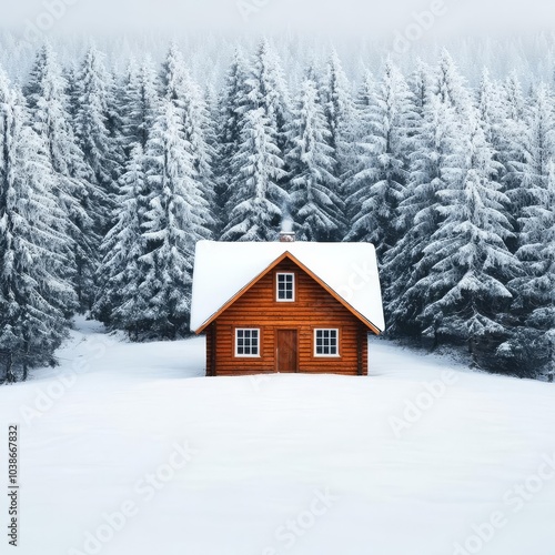 Snow-covered cabin in a snowy forest, cozy winter retreat