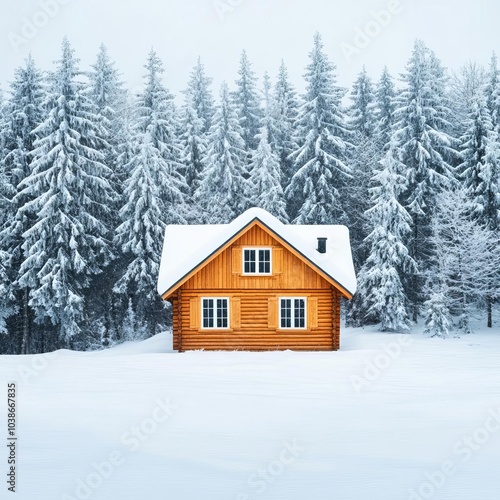 Snow-covered cabin in a snowy forest, cozy winter retreat