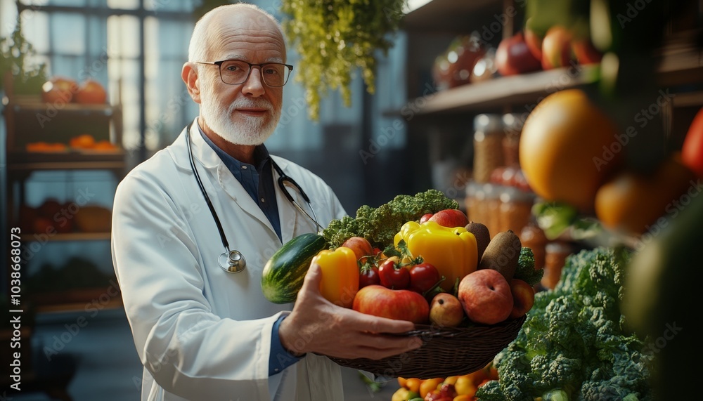 Doctor Holding Fresh Fruit Vegetables in Modern Grocery Store Doctor Holding Fresh Fruit Vegetables in Modern Grocery Store