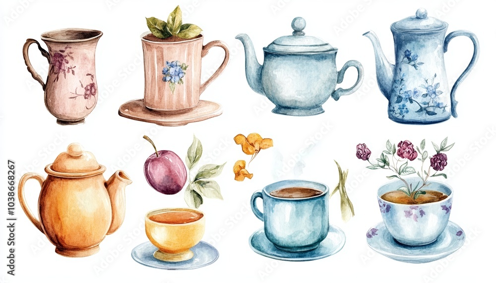 Watercolor Sticker Set Featuring Various Teapots Cups Watercolor Sticker Set Featuring Various Teapots Cups