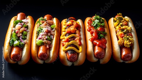 An enticing display of five colorful American hot dogs topped with various fresh ingredients on a black background