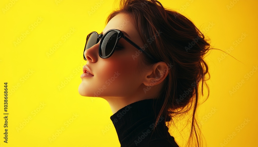 Profile of Woman Wearing Sunglasses with Yellow Background Profile of Woman Wearing Sunglasses with Yellow Background