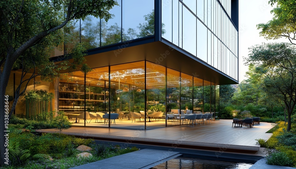 Modern Office Building with Glass Facade Greenery Modern Office Building with Glass Facade Greenery