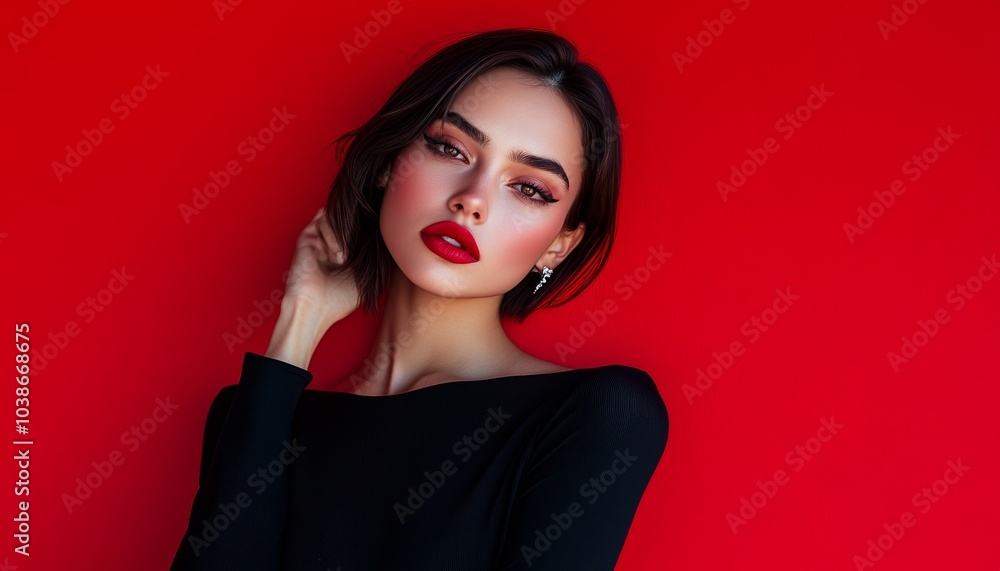 Woman in Sleek Black Outfit Posing Against Red Background Woman in Sleek Black Outfit Posing Against Red Background