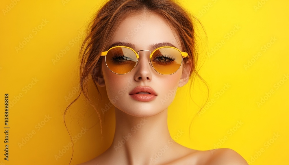 Woman with Yellow Aviator Sunglasses Posing in Style Against Yellow Wall Woman with Yellow Aviator Sunglasses Posing in Style Against Yellow Wall