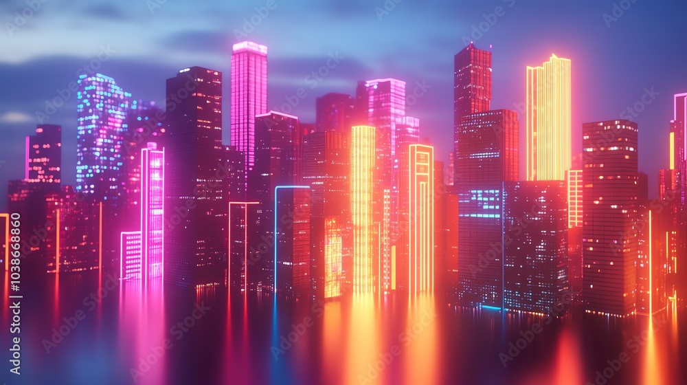 Vibrant neon cityscape at dusk with colorful skyscrapers reflecting in calm water, evoking a futuristic and energetic atmosphere. Vibrant neon cityscape at dusk with colorful skyscrapers reflecting in calm water, evoking a futuristic and energetic atmosphere.