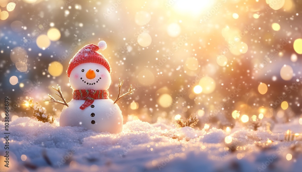 Christmas Winter Background with Snowman Golden Lights Christmas Winter Background with Snowman Golden Lights