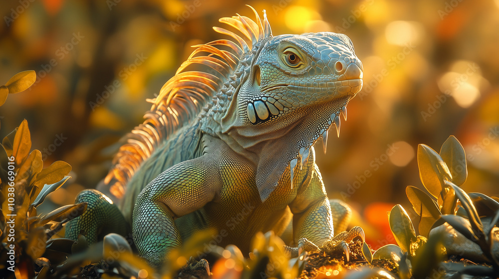 Fototapeta premium A large green iguana stands on the ground with warm sunlight as a backdrop in nature.