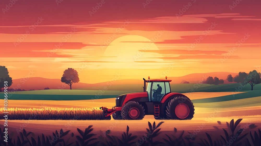 Red Tractor Harvesting at Sunset Red Tractor Harvesting at Sunset