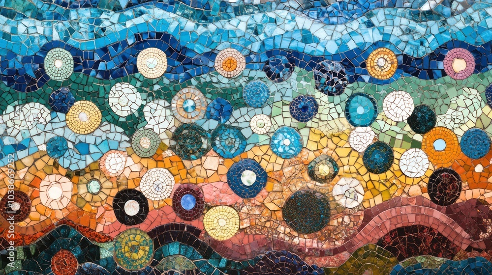 Custom glass tile window with colorful mosaic tiles arranged in a unique, artistic pattern. Custom glass tile window with colorful mosaic tiles arranged in a unique, artistic pattern.