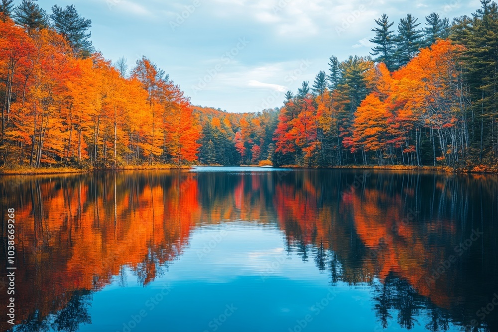 Fototapeta premium Autumn Trees Reflected in Still Water Lake