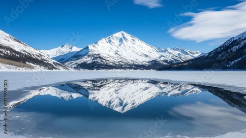 Snow-covered mountains reflecting in a frozen lake, capturing winter beauty