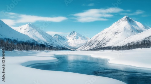 Wallpaper Mural Snow-covered mountains with a frosty river below, winter adventure Torontodigital.ca