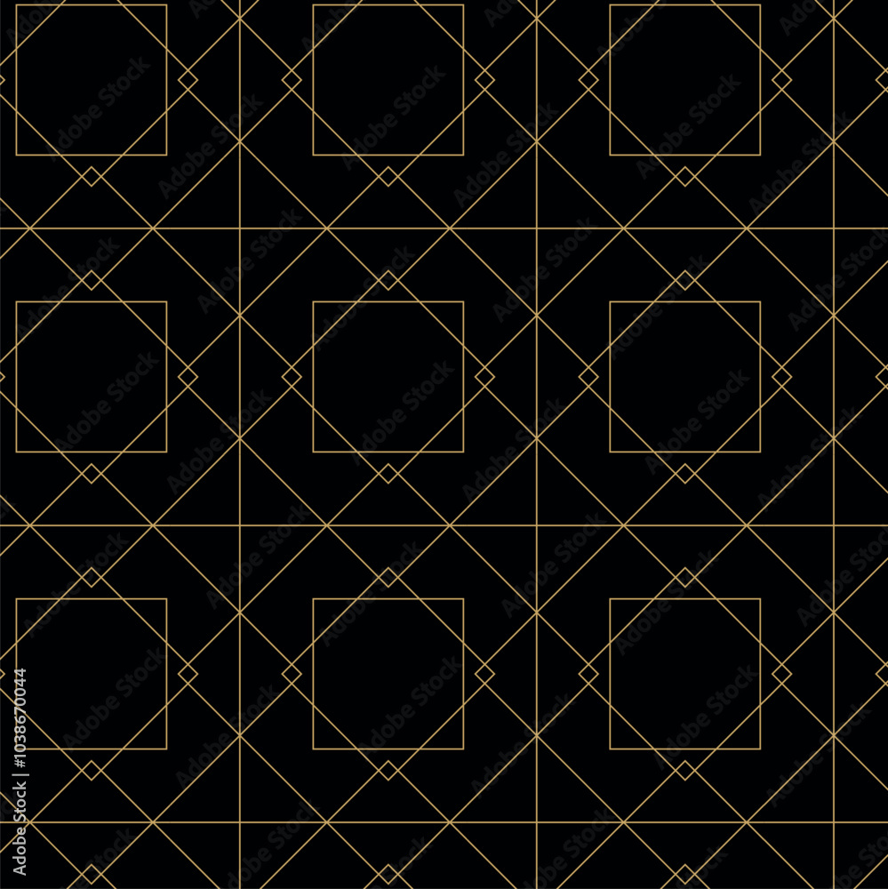 Fototapeta premium Abstract geometric pattern with crosses, stripes, lines. Seamless vector background. Black and gold ornament. Modern reticulated graphic design.