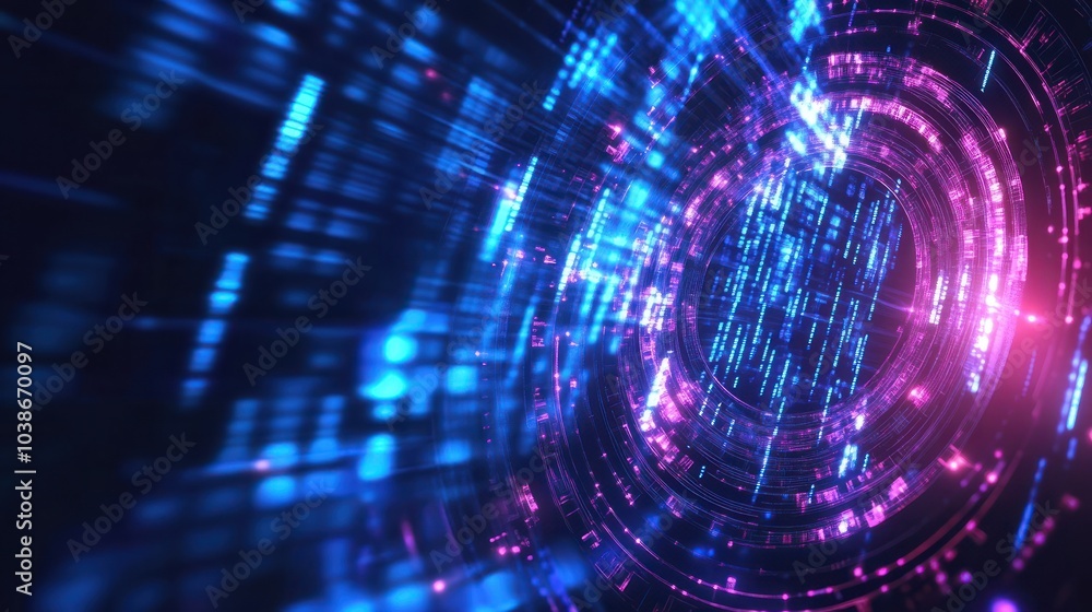 Obraz premium Futuristic digital code with circular blue and purple lines. Illustration of technological progress. banners, brochures, websites. Modern, elegant and dynamic design.