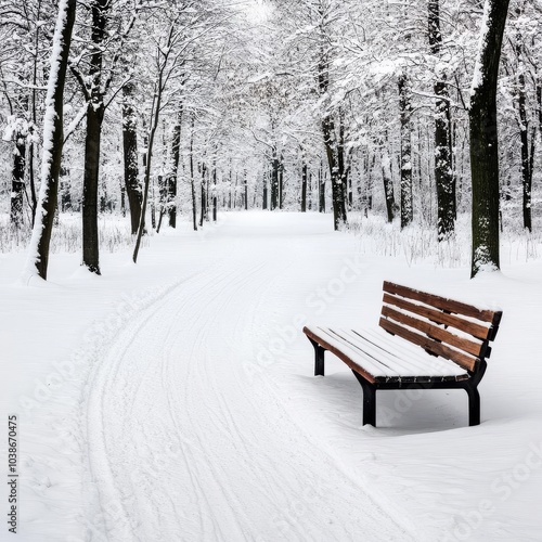 Snow-covered path leading to a rustic wooden bench, quiet winter park