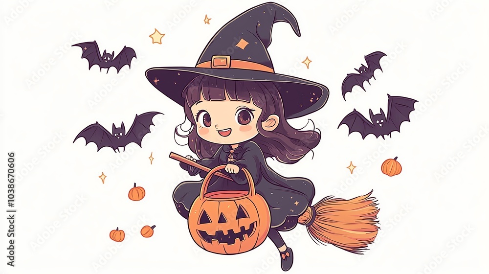 A cute witch flying on a broomstick with a pumpkin basket, surrounded by bats, perfect for Halloween themes and illustrations. A cute witch flying on a broomstick with a pumpkin basket, surrounded by bats, perfect for Halloween themes and illustrations.