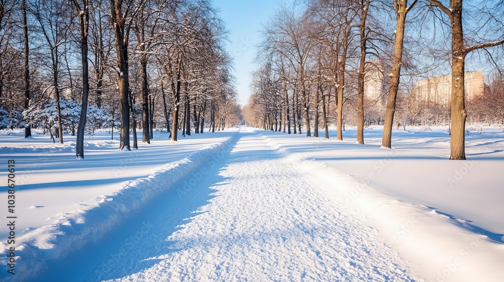 Snow-covered path through a winter park, peaceful and serene