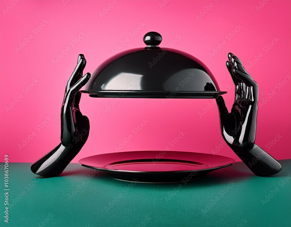Black Dish with floating lid holding black mannequin hands isolated on hot pink, opened restaurant cloche Black Dish with floating lid holding black mannequin hands isolated on hot pink, opened restaurant cloche