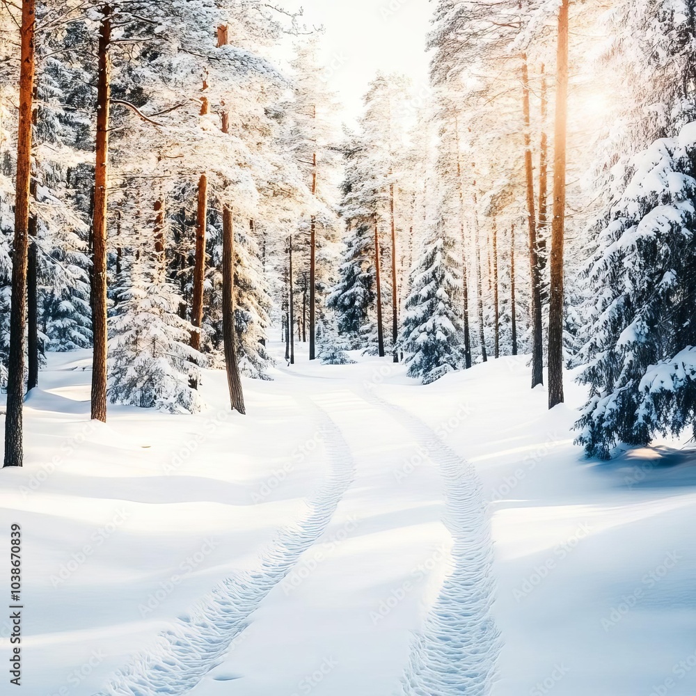 Snow-covered path through an evergreen forest, peaceful winter journey Snow-covered path through an evergreen forest, peaceful winter journey