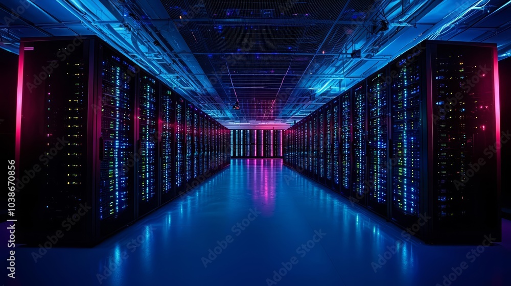 Fototapeta premium Cybersecurity concept of Shot of Data Center With Multiple Rows of Fully Operational Server Racks