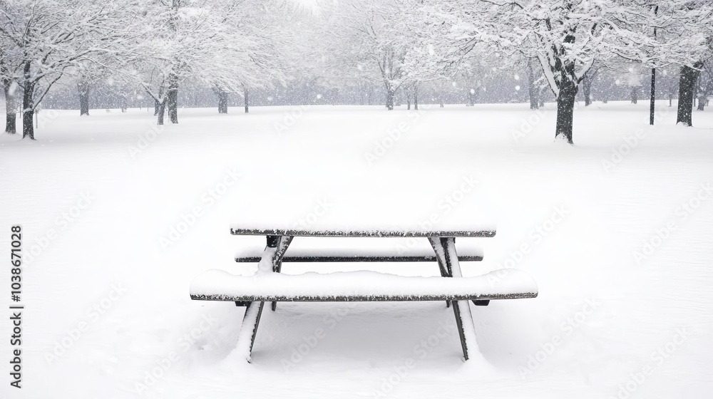 Snow-covered picnic table in a park, quiet winter wonderland Snow-covered picnic table in a park, quiet winter wonderland