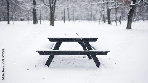 Snow-covered picnic table in a park, quiet winter wonderland