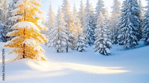 Wallpaper Mural Snow-covered pine trees with golden sunlight, serene winter wonderland Torontodigital.ca
