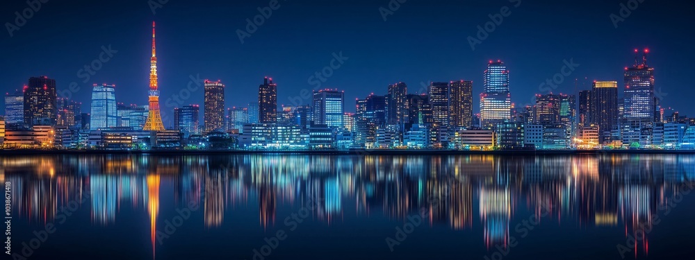 A stunning cityscape with a famous tower at night, beautifully reflected on a calm body of water under a clear sky. A stunning cityscape with a famous tower at night, beautifully reflected on a calm body of water under a clear sky.