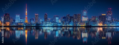 A stunning cityscape with a famous tower at night, beautifully reflected on a calm body of water under a clear sky.