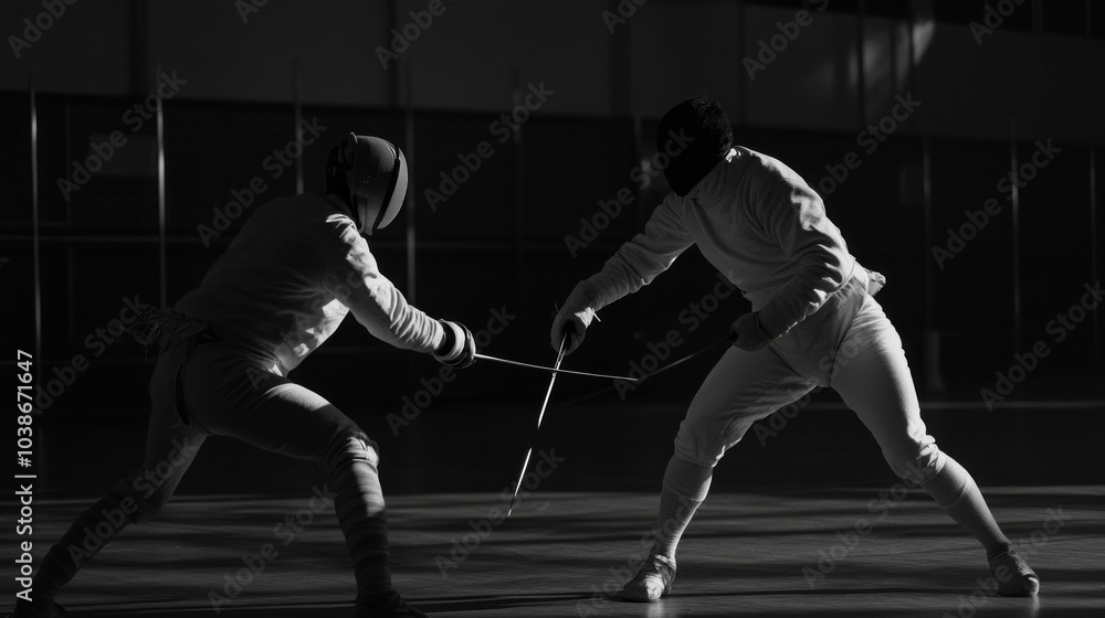 Fencers engaged in a quick and strategic bout. Fencers engaged in a quick and strategic bout.