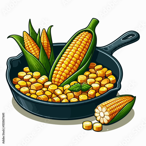 A black pan with corn and other food items in it