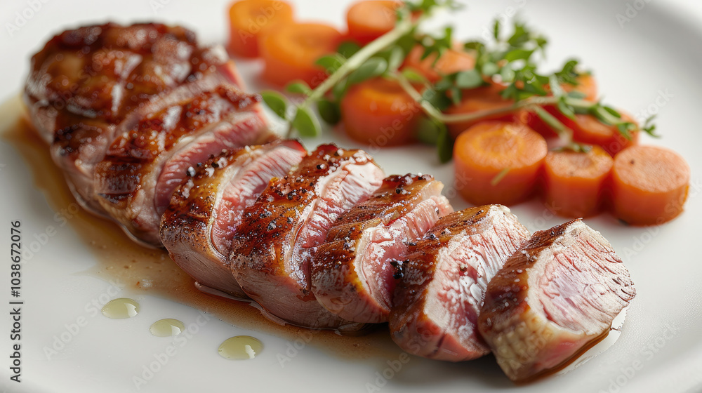 A sliced, seared duck fillet with carrots on the side, arranged in an oval shape. The background is white. A sliced, seared duck fillet with carrots on the side, arranged in an oval shape. The background is white.