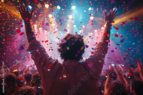 A lively crowd dancing and celebrating under vibrant pink and blue lights, with confetti falling from the ceiling, creating an energetic and festive atmosphere in a packed indoor venue.
 photo