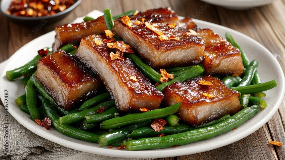 Savory Pork Belly with Green Beans on a Plate Savory Pork Belly with Green Beans on a Plate
