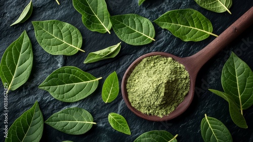 Fresh Gymnema Sylvestre Leaves and Powder on Black Slate