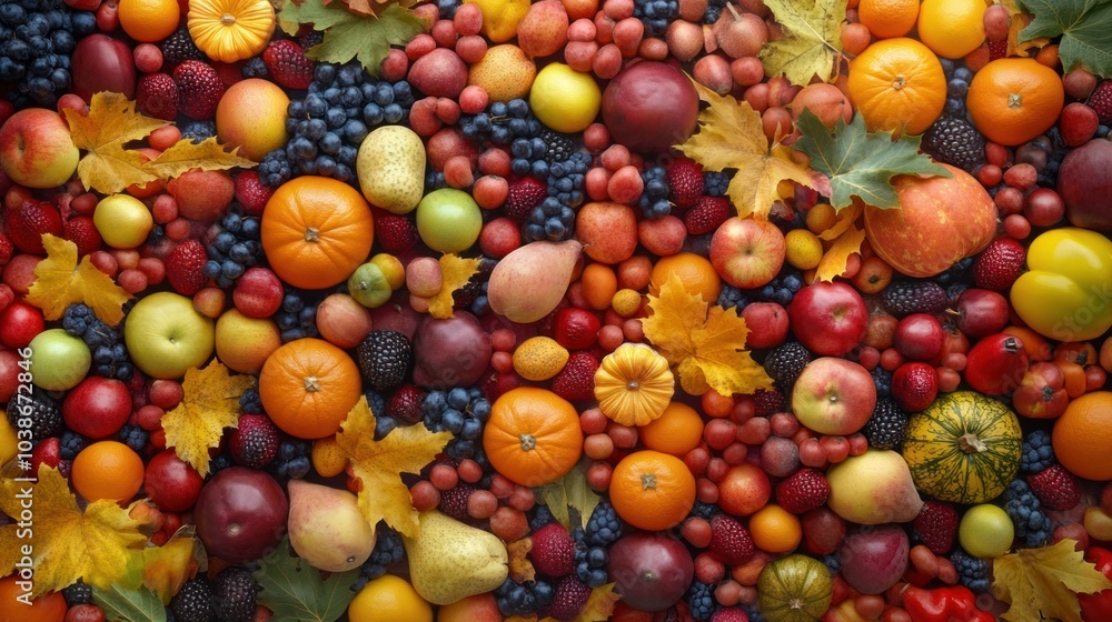 Fall food and fruits background featuring an array of autumn produce in warm tones. Fall food and fruits background featuring an array of autumn produce in warm tones.