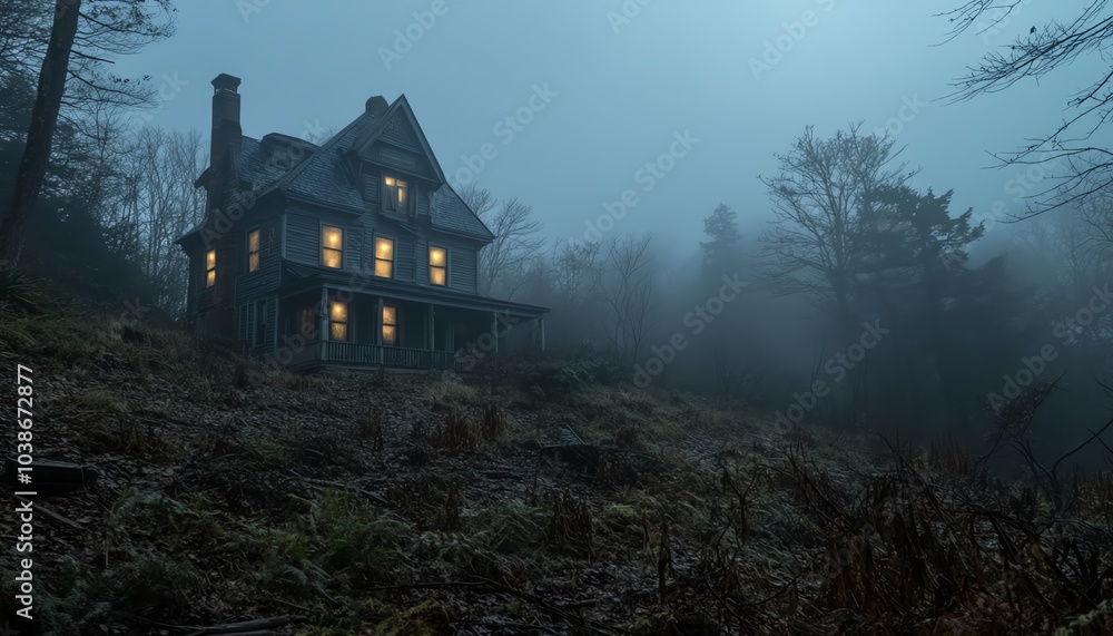 A mysterious house shrouded in fog, with glowing windows, set in a tranquil forest. Perfect for spooky or atmospheric themes. A mysterious house shrouded in fog, with glowing windows, set in a tranquil forest. Perfect for spooky or atmospheric themes.