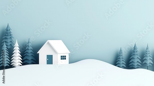 Snowcovered landscape with a cozy cabin, pine trees dusted in white, peaceful winter scene, flat design illustration