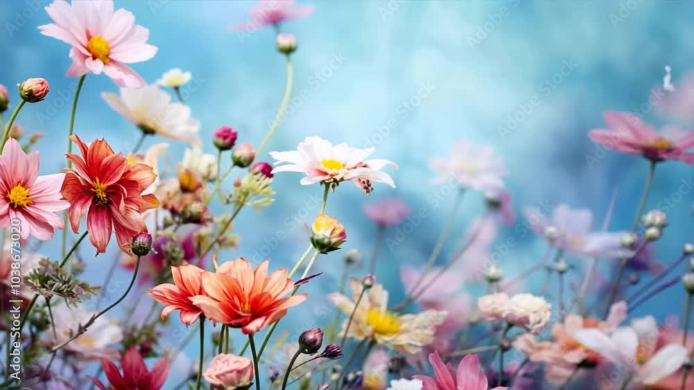 Blooming Beauty: A vibrant and captivating bouquet of wildflowers dances against a soft, ethereal blue backdrop, capturing the essence of springtime renewal and delicate beauty. Blooming Beauty: A vibrant and captivating bouquet of wildflowers dances against a soft, ethereal blue backdrop, capturing the essence of springtime renewal and delicate beauty.