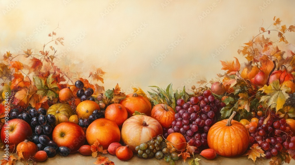 Fall harvest fruits background, displaying a bountiful selection of seasonal produce against a soft backdrop. Fall harvest fruits background, displaying a bountiful selection of seasonal produce against a soft backdrop.