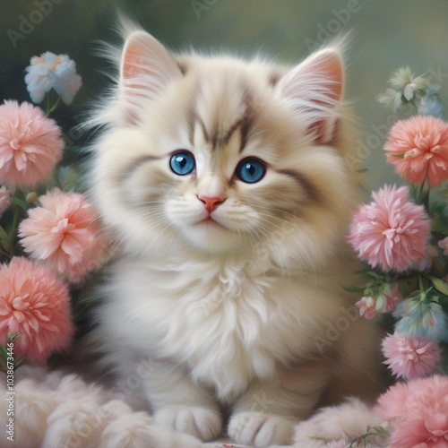 Cute kitten and flowers 