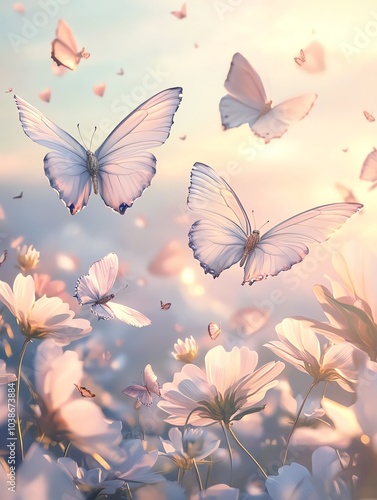 A serene scene of delicate butterflies fluttering above soft flowers, capturing the essence of nature's beauty and tranquility.