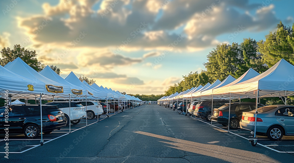 Barbecue event as a parking lot with white canopy tents. Barbecue event as a parking lot with white canopy tents.