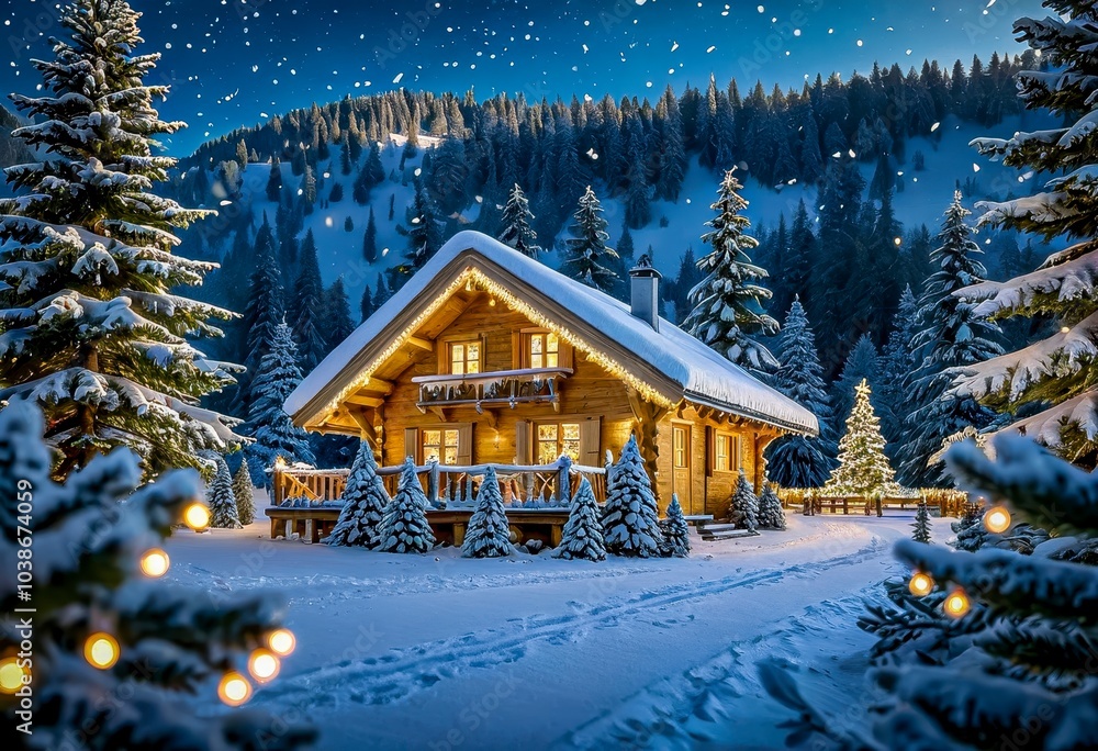 Fototapeta premium Snow-covered Wooden Cabin Surrounded by Evergreen Trees on a Winter's Night