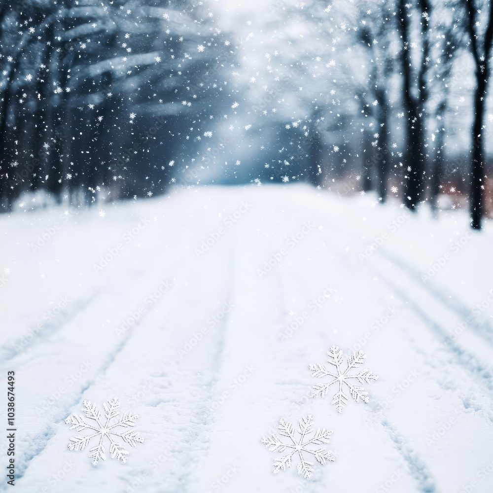 Fototapeta premium Snowflakes falling on a snow-covered path, creating a serene winter wonderland
